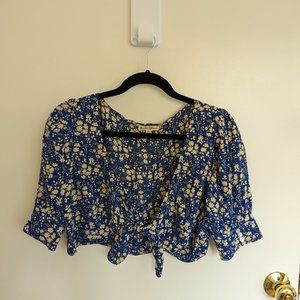 For Love & Lemons Zamira blue floral tie front crop top